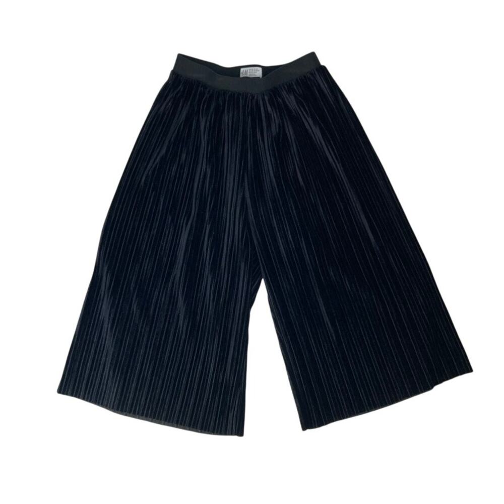H&M Pleated Crinkled Velvet Culottes Pants - Black - 7/8